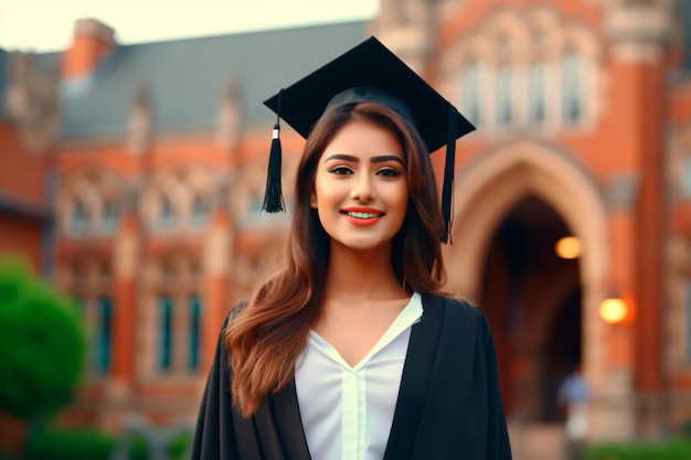 Estudante feliz começa a estudar Freshman na universidade gerada por IA