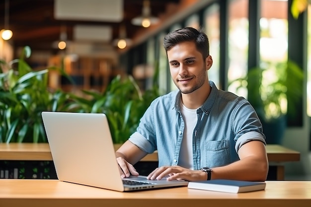 Foto estudante feliz usando computador portátil na biblioteca da universidade, sentado na mesa