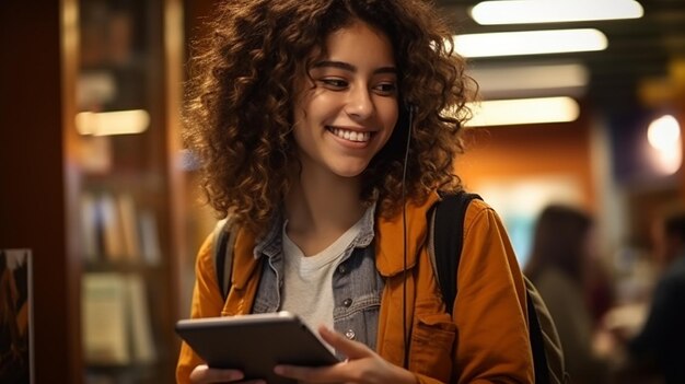 Foto estudante feminina estudando na biblioteca usando tablet e procurando