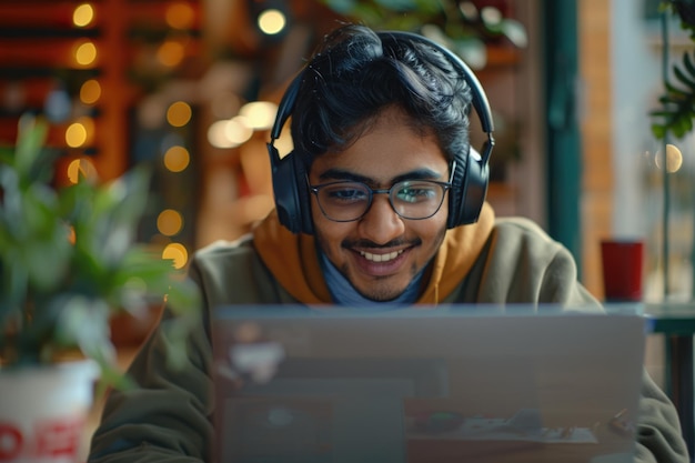 Estudante indiano estudando on-line com professor usando tecnologia