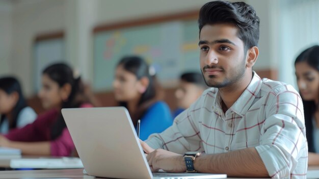 Foto estudante indiano prestando atenção em aula e anotando informações em computador portátil enquanto um tutor dá palestras adultos recebendo conhecimento especializado em um curso a tempo parcial