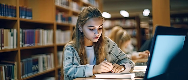 Estudante jovem estuda na biblioteca da escola