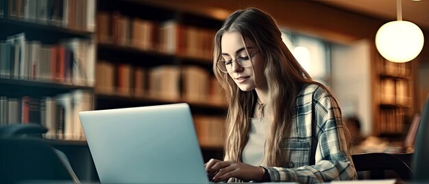 Estudante jovem estuda na biblioteca da escola