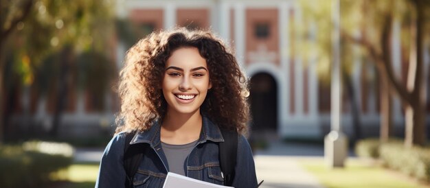 Estudante jovem feliz posando ao ar livre perto do prédio da faculdade com mochila e livros desfrutando de programas educacionais e espaço de cópia de estudante disponível