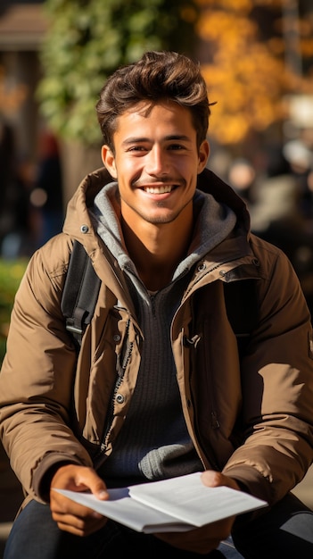 Estudante jovem sorridente com mochila segura livros isolados em fundo branco