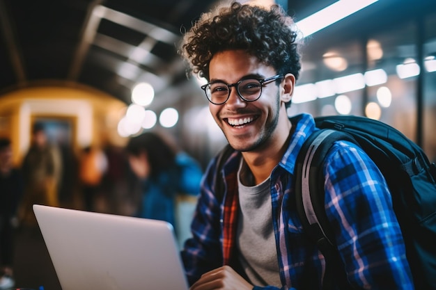 Estudante jovem sorridente usando laptop em local público fundo desfocado Generative AI