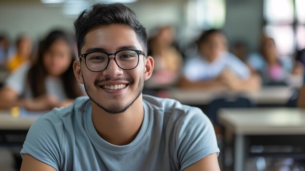 Estudante latino alegre sorrindo na sala de aula