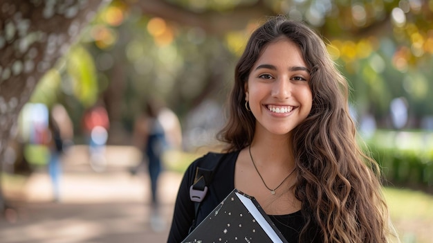 Estudante latino-americano sorri para a câmera no campus