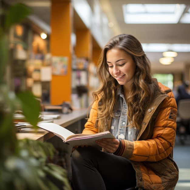 Foto estudante lendo livro em área de estudo tranquila