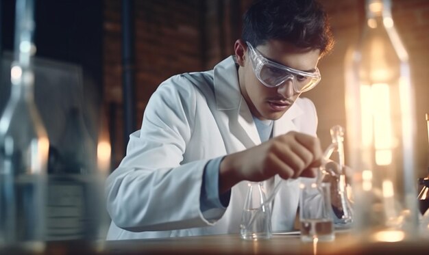 Foto estudante masculino de química trabalhando em laboratório generativo ai