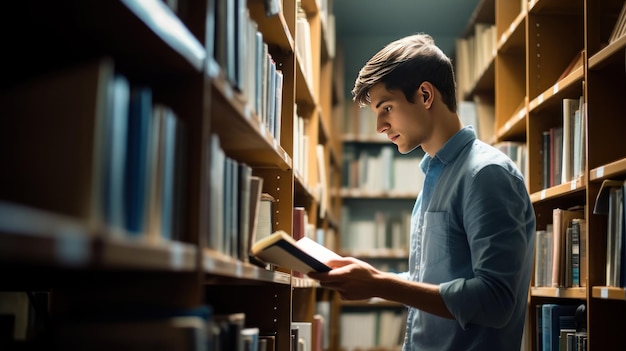 Estudante masculino lendo o livro enquanto está de pé perto de prateleiras na biblioteca da universidade