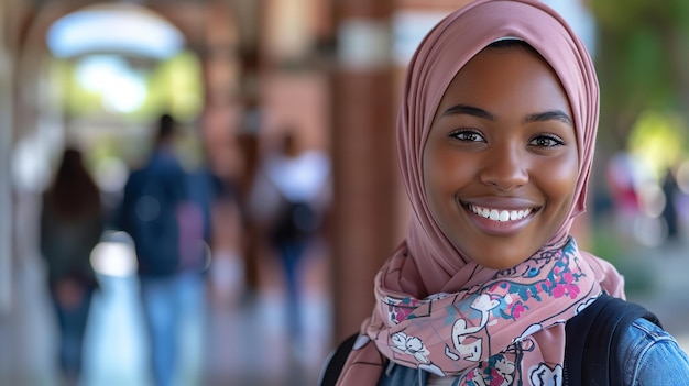 Estudante muçulmana negra feliz na universidade retrato de si mesma para perspectivas desejar Generative Ai
