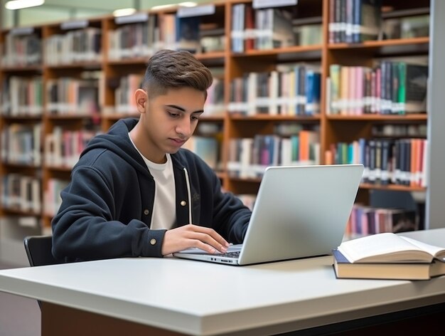 Estudante na biblioteca a estudar com um portátil