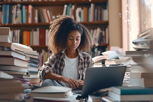 Foto estudante negro sério a usar portátil na biblioteca.