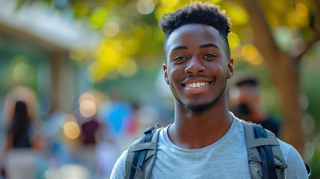 Estudante preto feliz na universidade com retrato de si mesmo perspectivas desejos Generative Ai