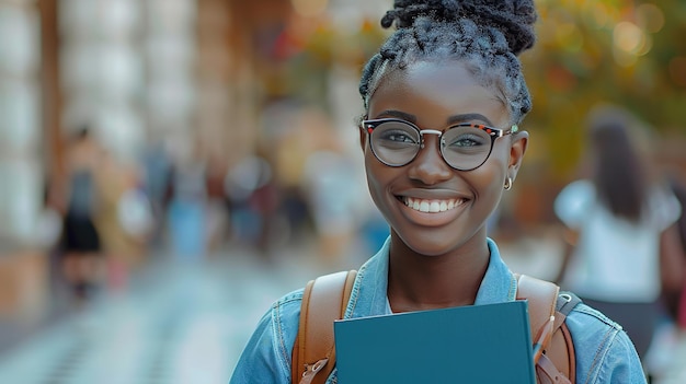 Estudante preto feliz na universidade com retrato de si mesmo perspectivas desejos Generative Ai