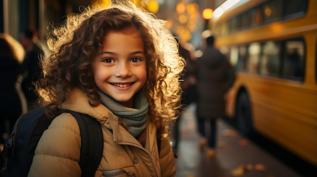Estudante primária sorridente sorridente e pronta para embarcar no ônibus escolar