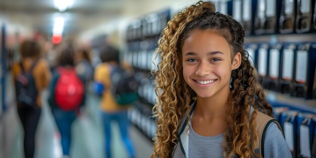 Estudante sorridente de pé no corredor da escola Conceito Educação Vida estudantil Emoções felizes Rostos sorridente Ambiente escolar