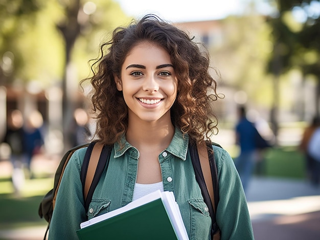 Estudante universitária atraente com uma coleção de cadernos olhando com confiança para a câmera