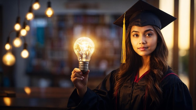 Estudante universitária mostrando uma lâmpada para educação Certificado de pós-graduação e negócios