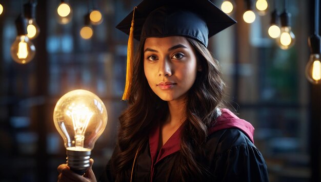 Estudante universitária mostrando uma lâmpada para educação Certificado de pós-graduação e negócios