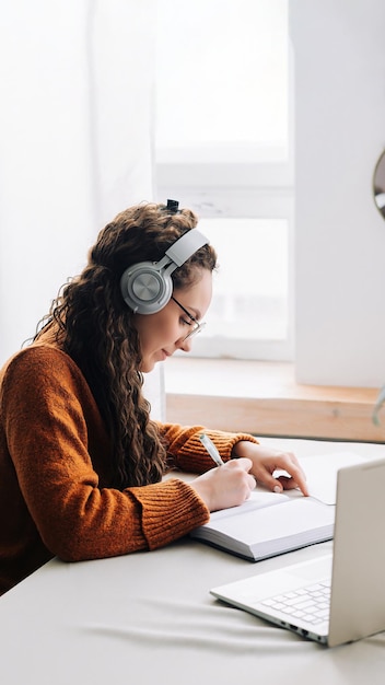 Foto estudante universitária ocupada usando fones de ouvido usando laptop elearning escrevendo notas estudando