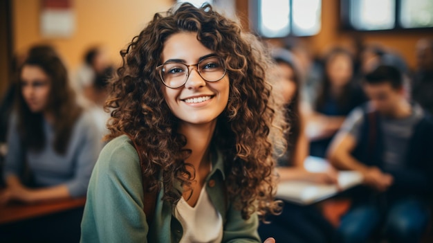 Estudante universitário alegre na sala de aula de frente para a câmera