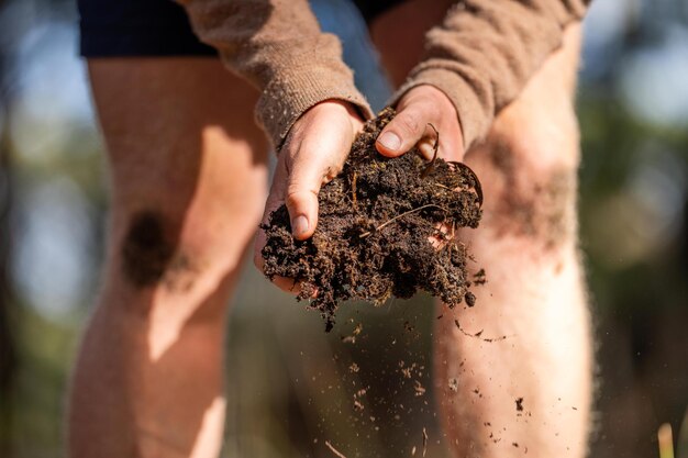 Estudante universitário conduzindo pesquisas sobre a saúde da floresta Agricultor coletando amostras de solo em um tubo de ensaio em um campo Agronomo verificando o carbono do solo e a saúde das plantas em uma fazenda