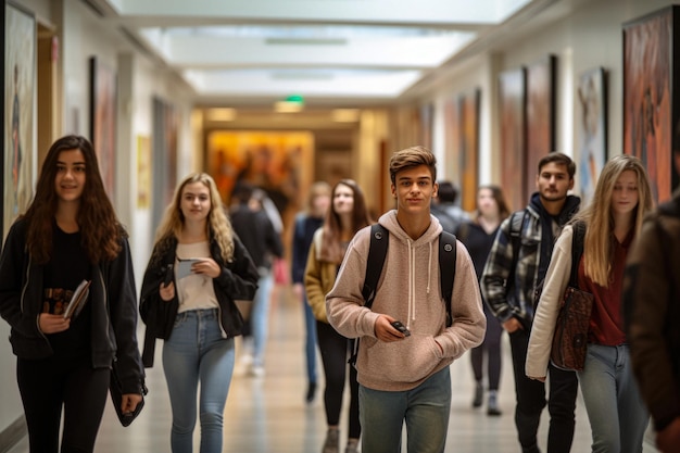 estudantes a caminhar com uma mochila pelo corredor movimentado de uma instituição de ensino