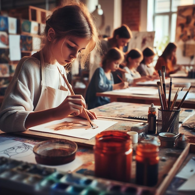 Estudantes a desenhar a aula de arte