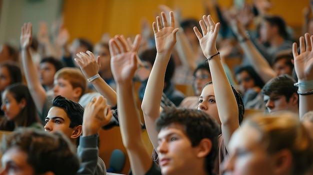 Estudantes ansiosos levantando as mãos em uma discussão animada na sala de aula