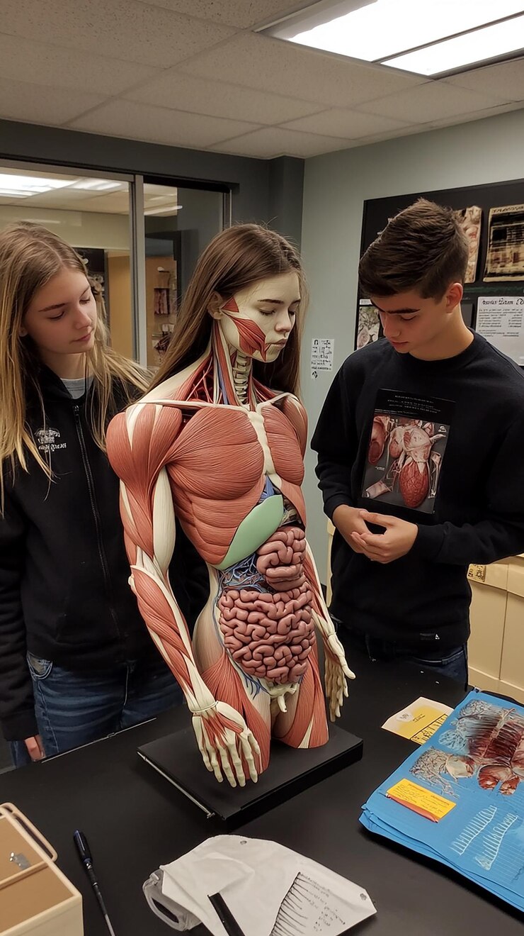 Foto estudantes apresentando um projeto sobre anatomia humana