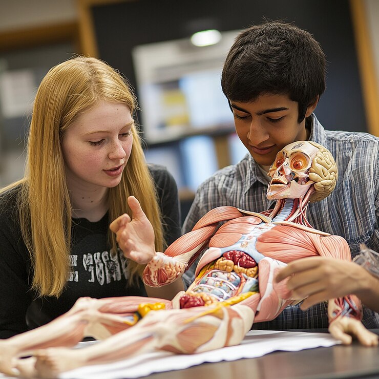 Foto estudantes apresentando um projeto sobre anatomia humana