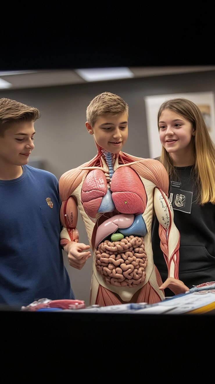 Foto estudantes apresentando um projeto sobre anatomia humana