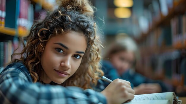 Estudantes de diversas origens estudando e conversando na biblioteca promovendo o intercâmbio cultural e a aprendizagem Conceito Diversas origens Intercâmbio cultural Aprendizagem Biblioteca Estudantes