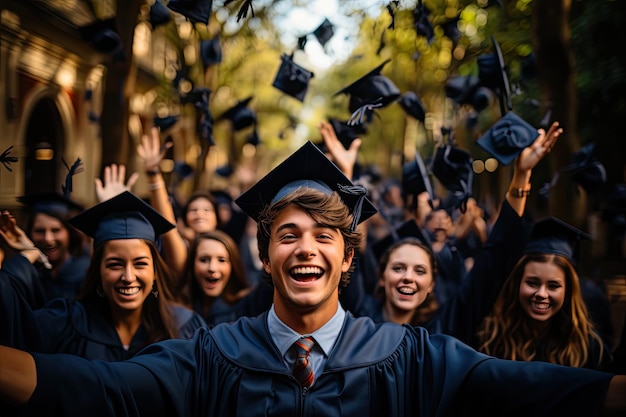 Estudantes de graduação jogando seus chapéus no ar Estudantes da graduação momento de celebração