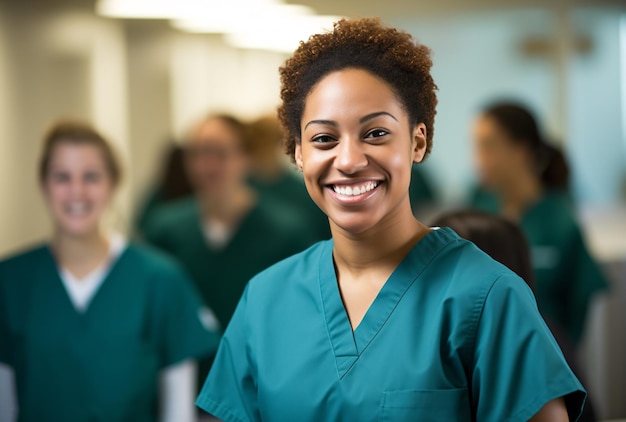 Estudantes de medicina e enfermagem sorriem para a câmera na aula