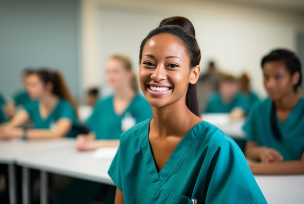 Estudantes de medicina e enfermagem sorriem para a câmera na aula