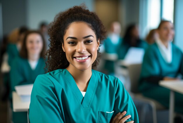 Estudantes de medicina e enfermagem sorriem para a câmera na aula