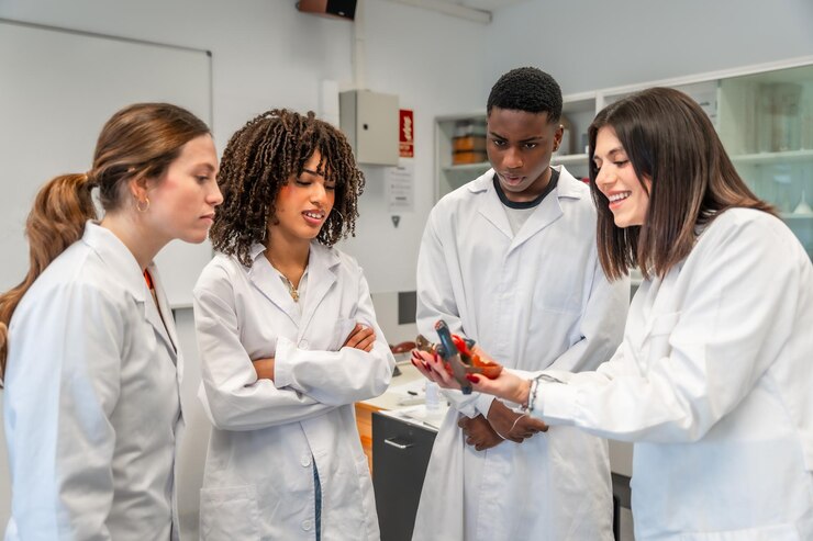 Foto estudantes de medicina estudando anatomia com um modelo de coração em um laboratório universitário