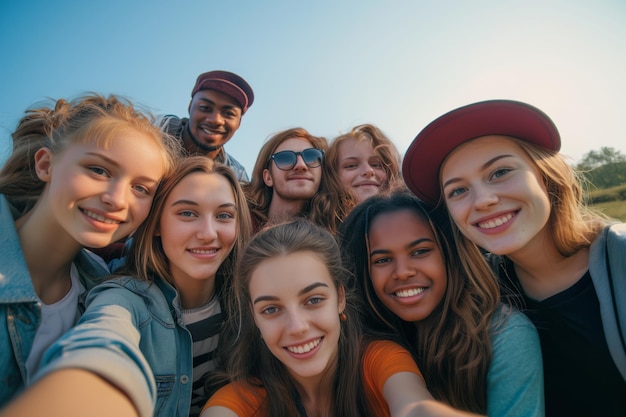 Estudantes de várias etnias se divertindo juntos tirando selfie ao ar livre