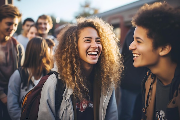 Estudantes de várias raças felizes em se encontrar depois das férias na faculdade ou universidade