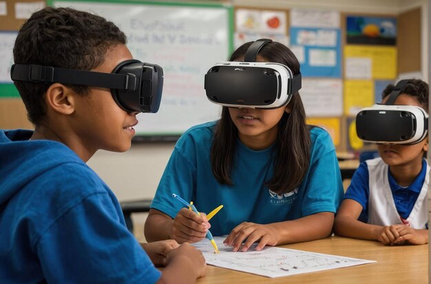 Foto estudantes experimentando a realidade virtual na sala de aula