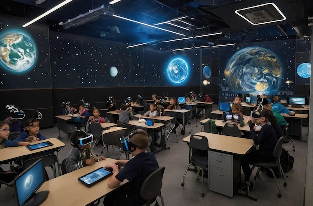 Estudantes experimentando a realidade virtual na sala de aula