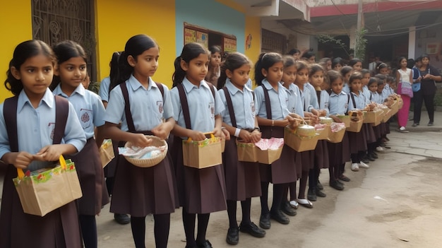 Estudantes fazem fila para receber comida de uma escola.