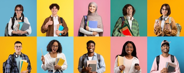 Estudantes multiétnicos felizes posando em fundos coloridos de estúdio