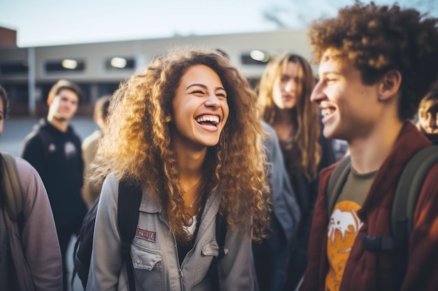 Estudantes multirraciais diversos felizes em se encontrar após as férias na faculdade ou universidade