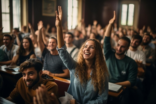 Estudantes na sala de palestras participam com entusiasmo levantando as mãos