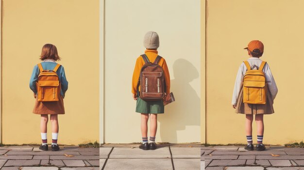 Estudantes posando em uma parede amarela com suas mochilas roupas de verão para ir para a escola