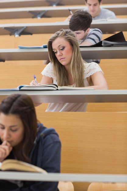 Estudantes sentados na sala de aula escrita